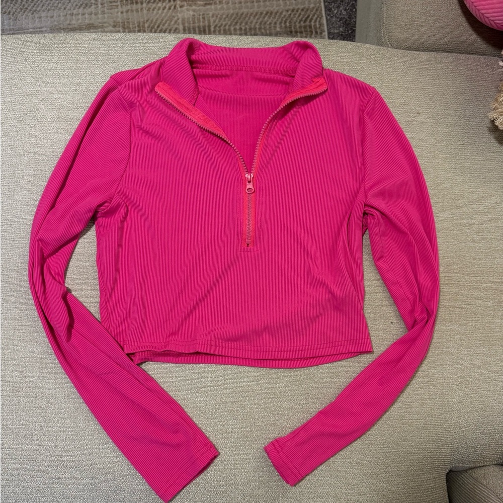 Pink Quarter-Zip Cropped Top